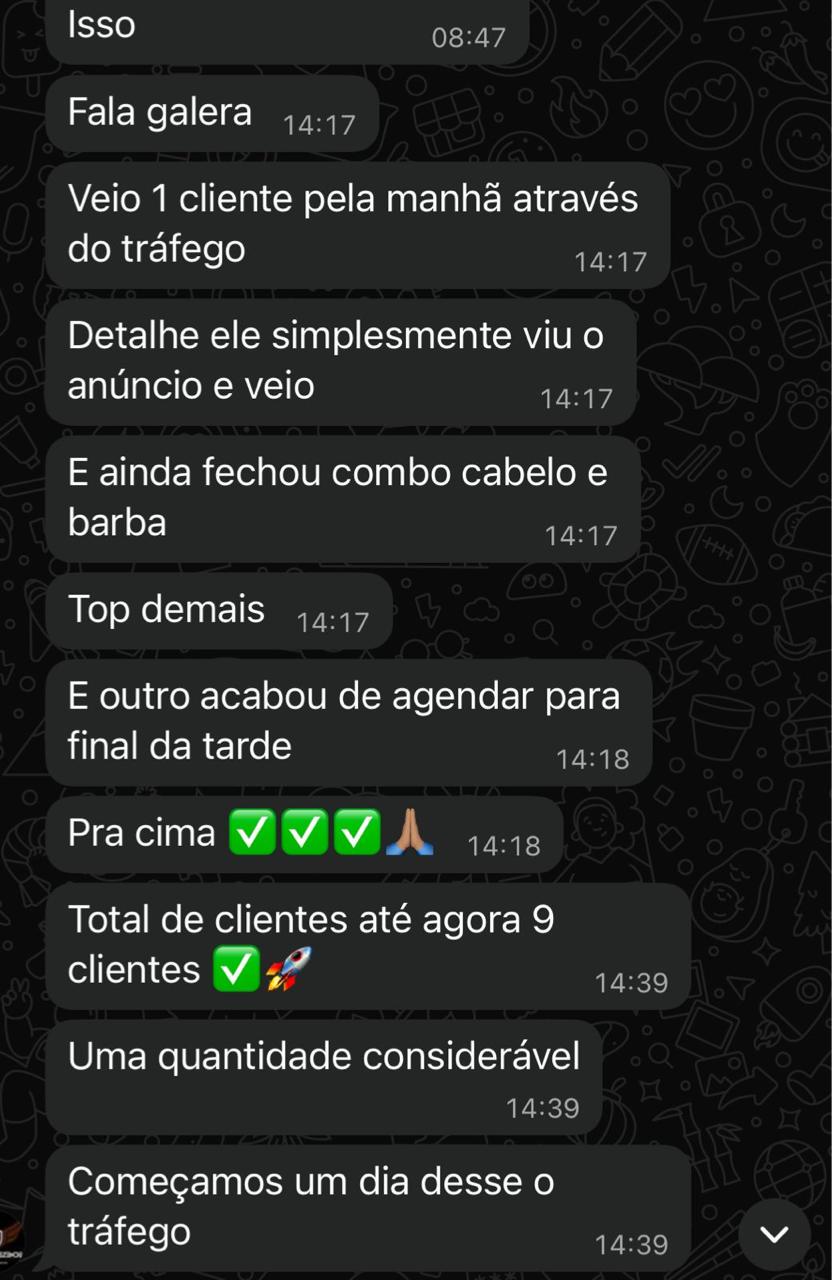 Feedback do cliente barbearia: fluxo consistente após começar o tráfego.